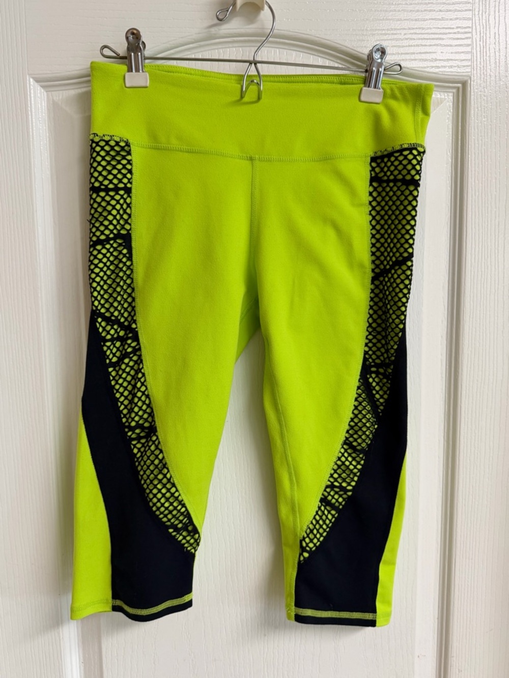 Fabletics Neon Lime Crop Leggings with Black Mesh Panels